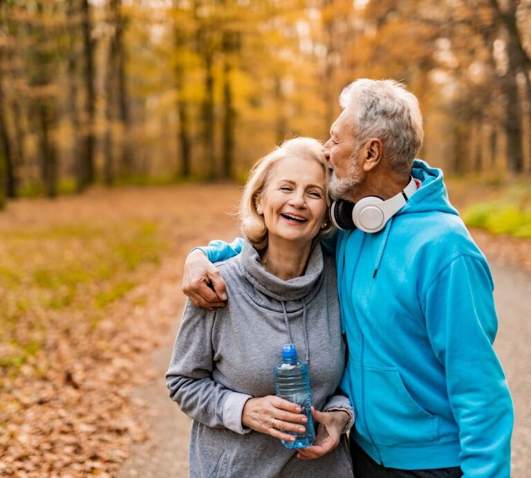 Ein älteres Paar spaziert lachend durch einen herbstlichen Wald, der Mann in blauer Sportkleidung küsst die Frau auf die Stirn. | © Getty Images / DjelicS