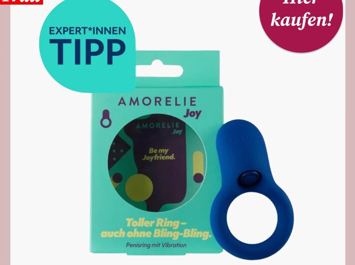 Blauer Vibrationsring von Amorelie Joy, verpackt in einer ansprechenden türkisen Schachtel | © Amorelie