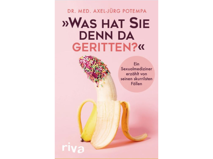 Aufrecht stehende geschälte Banane mit bunten Streuseln auf der Spitze vor rosa Hintergrund, wirkt humorvoll und zweideutig. | © Riva Verlag
