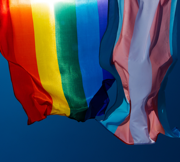 Regenbogen- und Transgender-Flagge wehen nebeneinander in kräftigen Farben vor klarem, tiefblauem Himmel. | © Canva