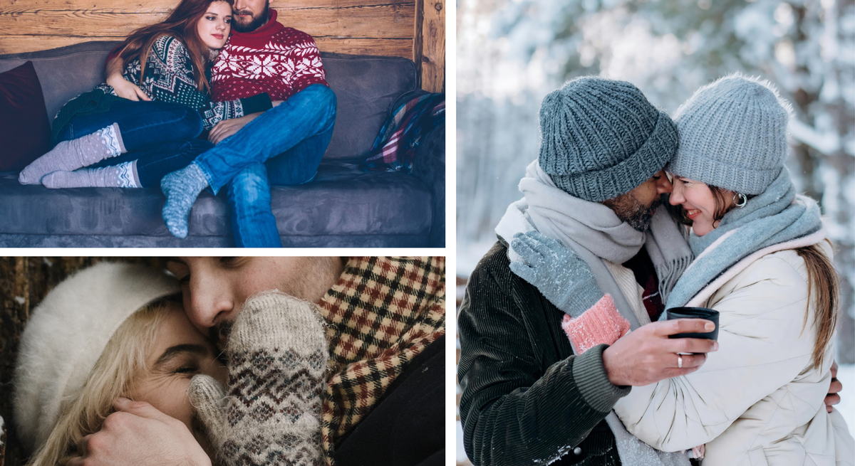 Eine Collage zeigt zärtliche Umarmungen: Paare in Strickpullis, Mützen und Schals genießen Nähe und Winterromantik.