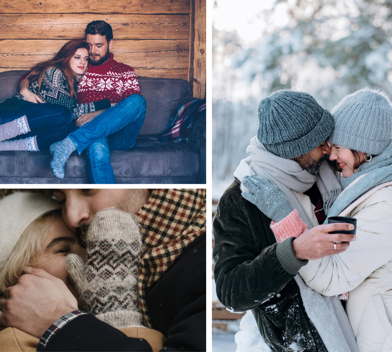 Eine Collage zeigt zärtliche Umarmungen: Paare in Strickpullis, Mützen und Schals genießen Nähe und Winterromantik. | © Getty Images / svetikd und Canva [M]