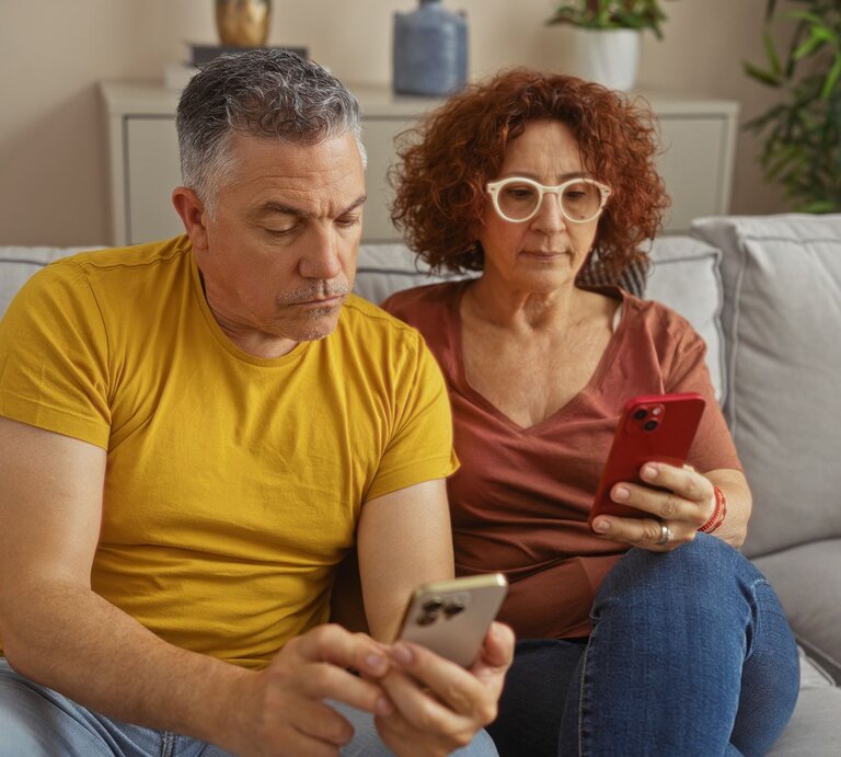 Ein mittelaltes Paar mit Smartphones sitzt konzentriert auf einem grauen Sofa. Der Mann trägt ein senfgelbes Shirt, die Frau eine Brille und rostrote Bluse. | © Adobe Stock / Krakenimages.com