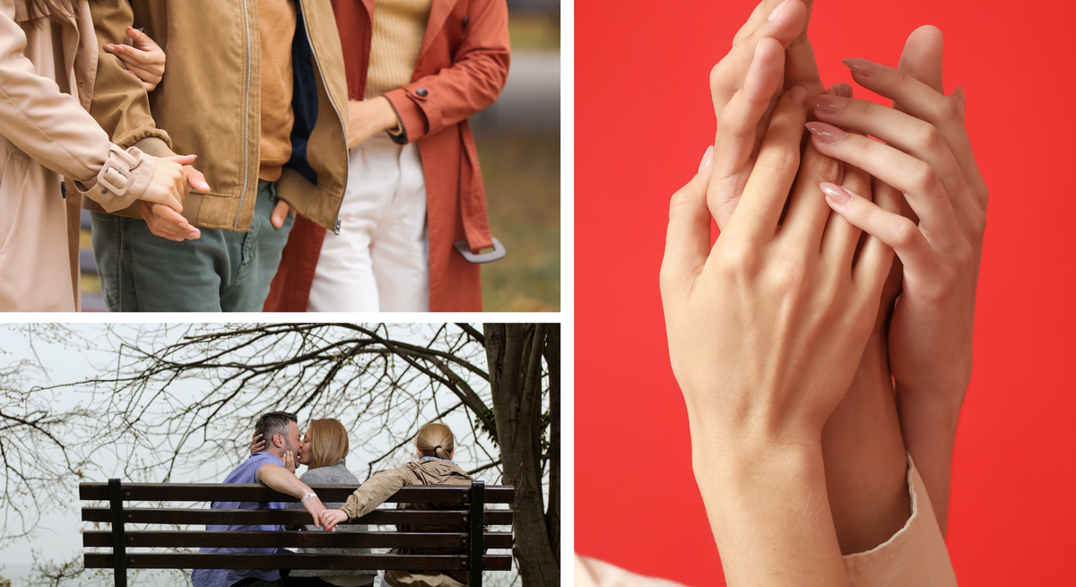 Emotionale Collage aus drei Szenen: Nähe unter Freunden, zärtlich berührte Hände und ein Liebespaar mit stiller Begleiterin.