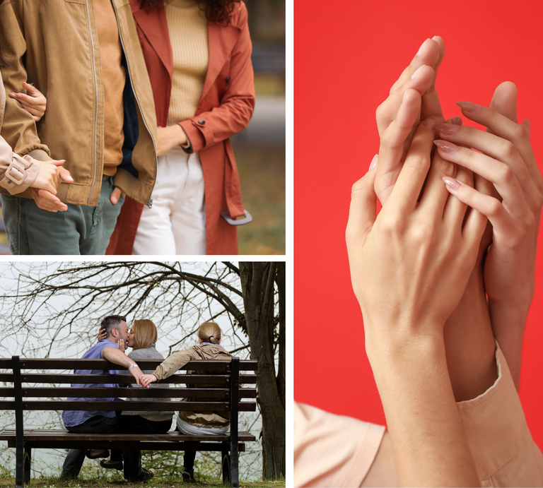 Emotionale Collage aus drei Szenen: Nähe unter Freunden, zärtlich berührte Hände und ein Liebespaar mit stiller Begleiterin. | © iStock.com/stock_colors und Canva [M]