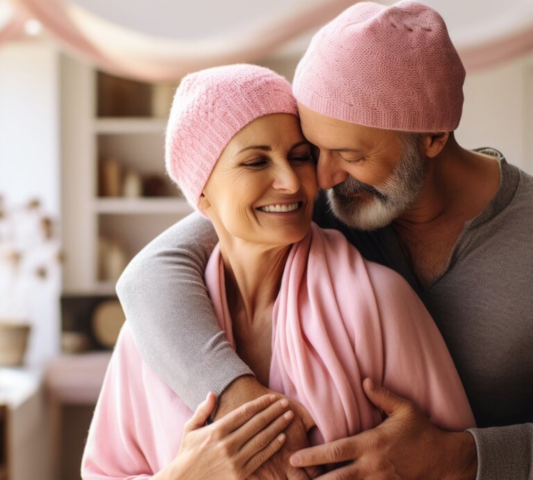 Glückliches Paar mittleren Alters in rosa Kopfbedeckungen teilt einen innigen Moment. | © Adobe Stock/ fotogurmespb (Generiert mit KI)