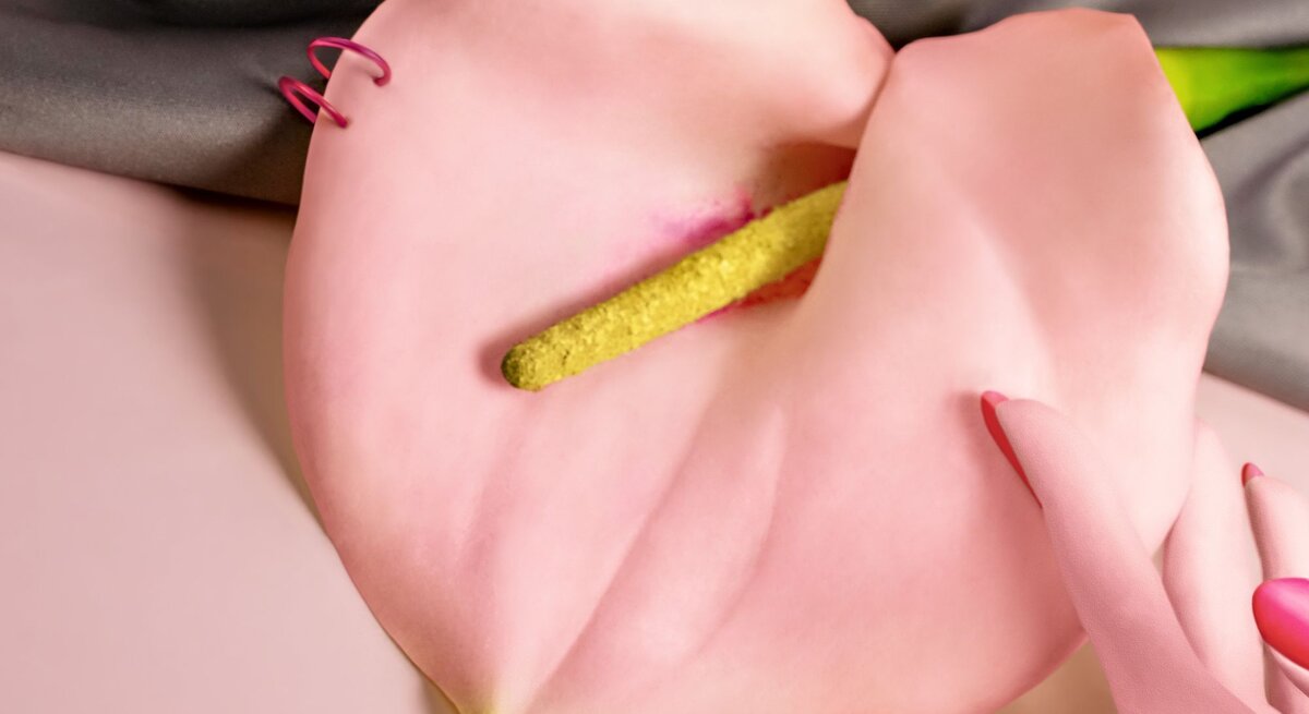 Zarte rosa Calla-Blüte mit gelbem Stempel auf pastellfarbenem Hintergrund, von einer eleganten Hand mit pinken Fingernägeln berührt.
