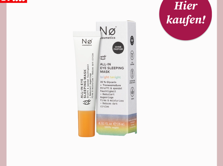 Vegane Augenmaske von Nø Cosmetics mit Textinfos auf der Verpackung, daneben ein auffälliger „Hier kaufen!“-Button in Magenta. | © Nø cosmetics/Canva/Collage:bildderfrau.de