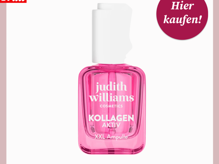Pinke Ampulle mit weißem Verschluss von Judith Williams Cosmetics mit der Aufschrift „Kollagen Aktiv XXL Ampulle | © Douglas/Canva/Collage:bildderfrau.de