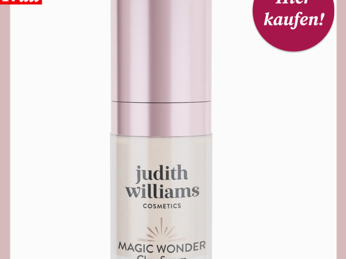 Glastiegel mit roséfarbenem Deckel enthält Judith Williams Magic Wonder Glow Serum vor weißem Hintergrund. | © Judith Williams/ Canva-collage: bildderfrau.de