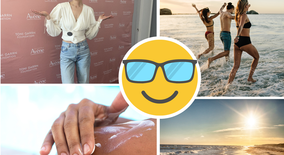 Toni Garrn mit Dutt und weißer Bluse posiert lachend vor rosa Fotowand, daneben Strandbilder mit Sonnencreme und badenden Menschen.