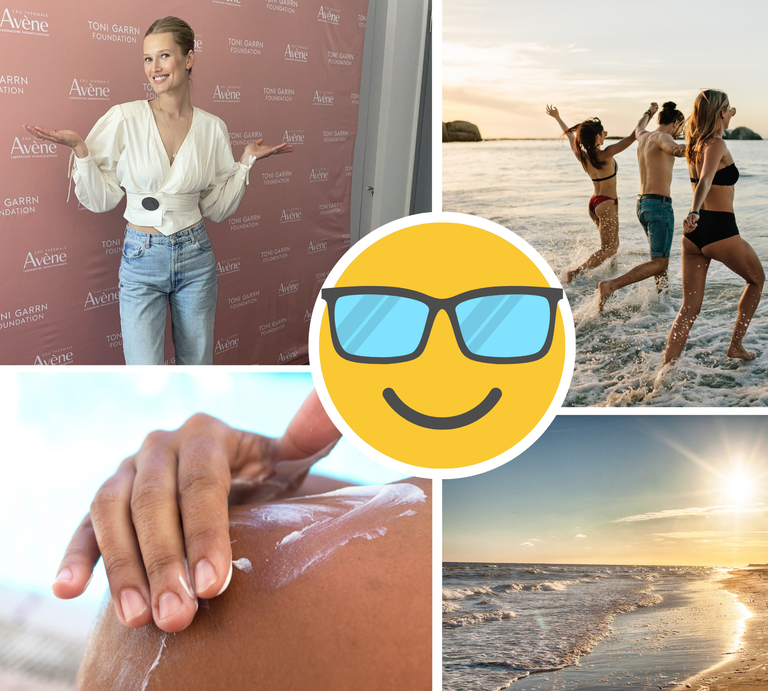 Toni Garrn mit Dutt und weißer Bluse posiert lachend vor rosa Fotowand, daneben Strandbilder mit Sonnencreme und badenden Menschen. | © Canva/Collage:bildderfrau.de
