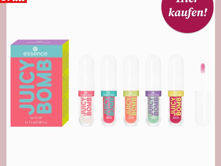 Glänzendes Lip Oil Set "Juicy Bomb" von essence mit fünf pflegenden Ölen in fruchtigen Farben und farbenfroher Box. | © dm