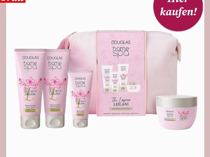 Rosa Spa-Geschenkset mit Bodylotion, Handcreme, Duschgel und Kosmetiktasche der Linie Douglas Home Spa „Leilani“. | © Douglas