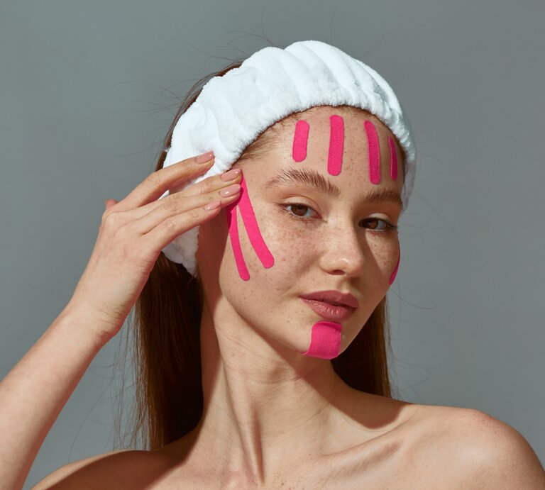Zu sehen ist eine junge Frau mit rosafarbenen Facetaping | © Shutterstock/ Geobor