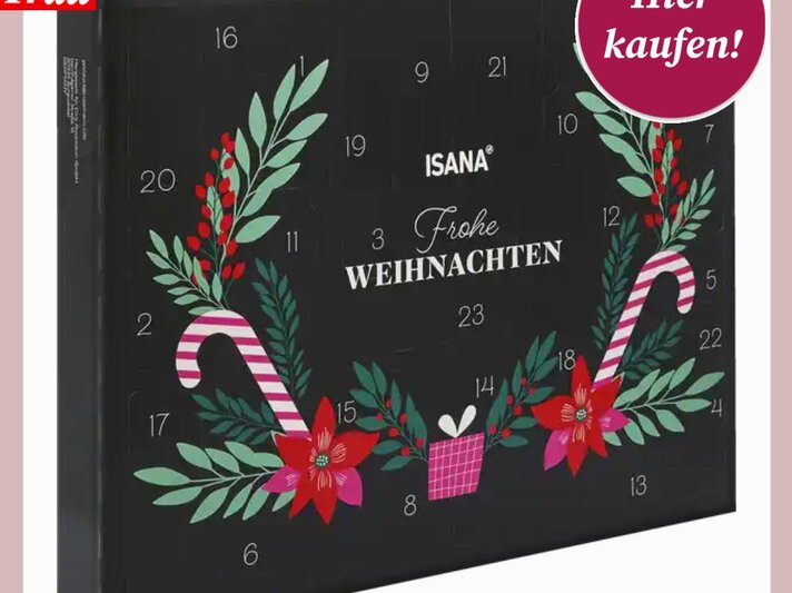 Schwarzer Adventskalender mit weißer Schrift "Frohe Weihnachten", rotem Dekor, grünen Zweigen und zwei gestreiften Zuckerstangen. | © Collage: Rossmann/ BILD der FRAU