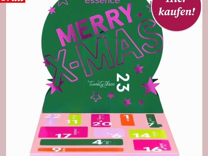 Grüner Essence-Adventskalender mit pinken und weißen Sternen, Schriftzug "Merry X-Mas", und bunten nummerierten Türchen. | © Collage: Douglas/ BILD der FRAU