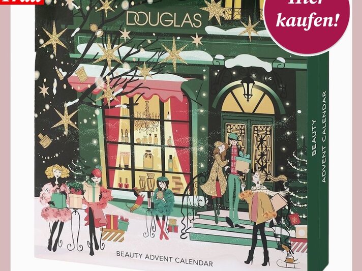 Eleganter Douglas-Adventskalender mit stilisiertem Weihnachtsmotiv, dekorativen goldenen Sternen und einer verschneiten Geschäftsszene. | © Collage: Douglas/ BILD der FRAU