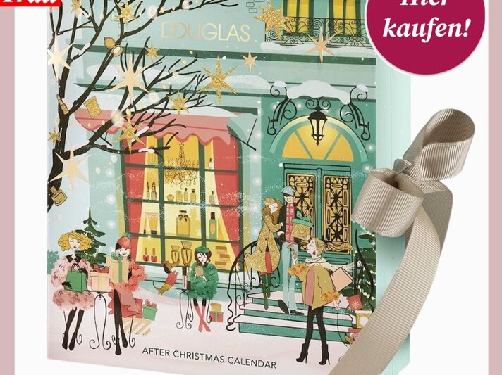 Festlicher Douglas-Adventskalender mit winterlichem Stadtszenen-Motiv, goldenen Sternen und beigefarbener Schleife an der Seite. | © Collage: Douglas/ BILD der FRAU