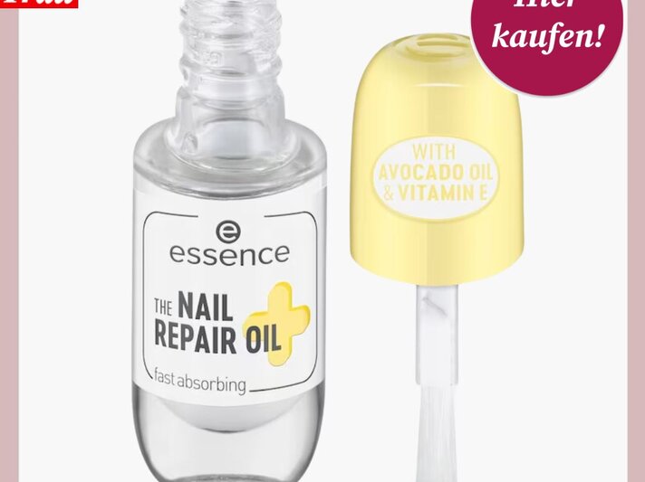 Essence Nail Repair Oil in transparenter Flasche mit gelbem Deckel, angereichert mit Avocadoöl und Vitamin E. | © Douglas