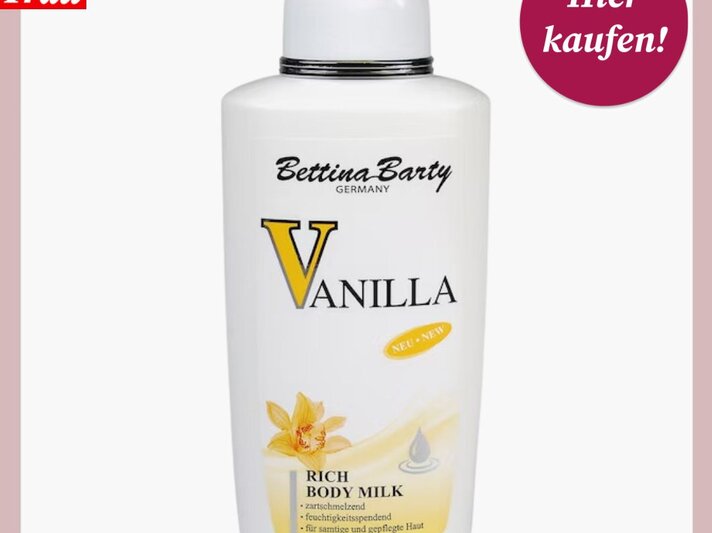 Weiße Flasche Vanilla Body Milk von Bettina Barty mit gelbem Akzent, "Hier kaufen!"-Button und Bild der Frau-Logo. | © Douglas