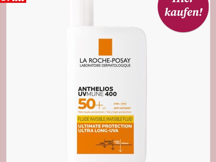 La Roche-Posay Anthelios Sonnencreme SPF 50+ in weißer Flasche mit orangefarbenem Logo und pinkem "Hier kaufen!"-Button. | © Douglas