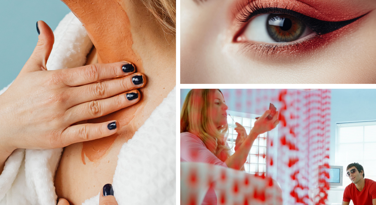 Collage mit roter Tonerdemaske auf Hals, geschminktem Auge mit Eyeliner und Frau beim Schminken vor Perlenvorhang mit Mann im Hintergrund.