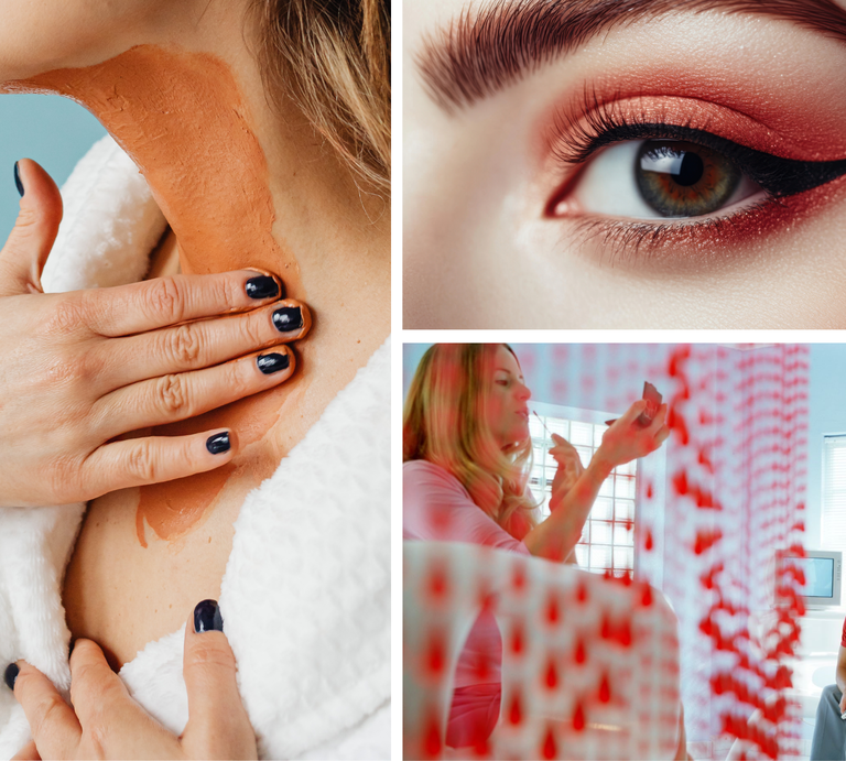 Collage mit roter Tonerdemaske auf Hals, geschminktem Auge mit Eyeliner und Frau beim Schminken vor Perlenvorhang mit Mann im Hintergrund. | © Getty Images / bilderlounge & Canva [M]