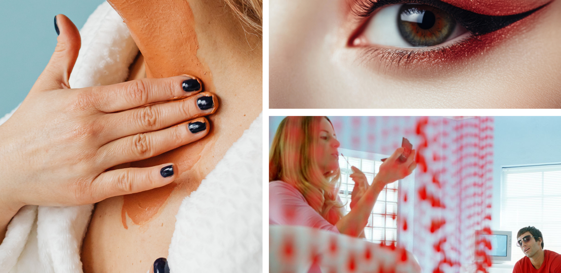 Collage mit roter Tonerdemaske auf Hals, geschminktem Auge mit Eyeliner und Frau beim Schminken vor Perlenvorhang mit Mann im Hintergrund. | © Getty Images / bilderlounge & Canva [M]