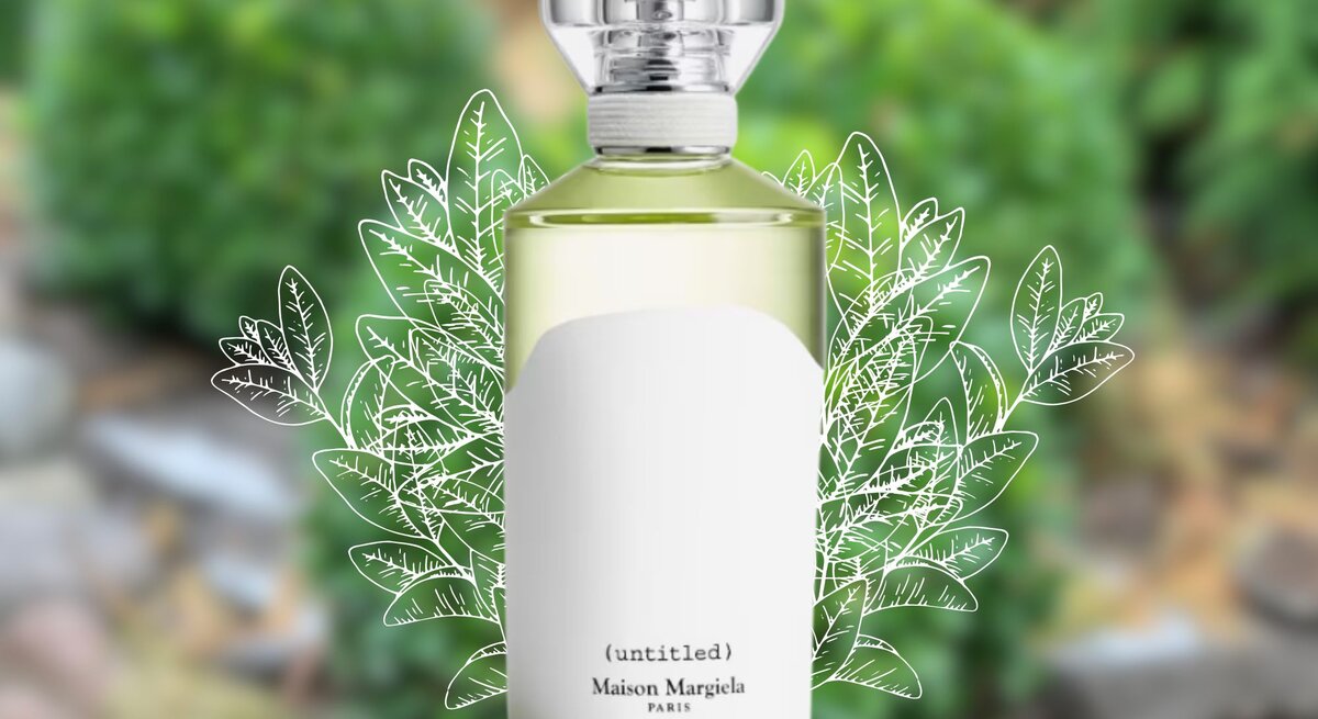 Parfumflakon von Maison Margiela mit weißem Etikett vor grünen Büschen und gezeichneten Blättern als stilvolles Naturelement.