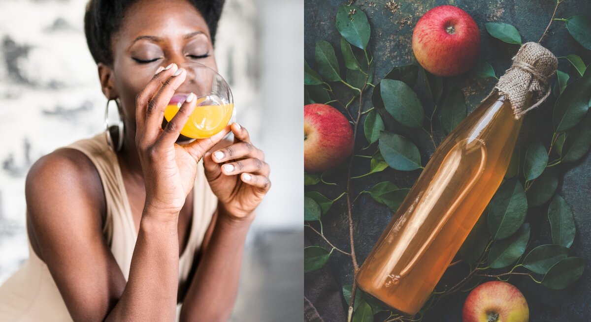 Collage, die zwei verschiedene Szenen zeigt:  Links ist eine Frau zu sehen, die einen orangenen Saft trinkt. Sie hat kurzes, lockiges Haar und trägt Ohrringe. Ihre Augen sind geschlossen, während sie den Saft genießt. Rechts ist eine Flasche mit Apfelessig abgebildet, die auf einem dunklen Hintergrund liegt. Um die Flasche herum sind grüne Blätter und rote Äpfel verteilt.