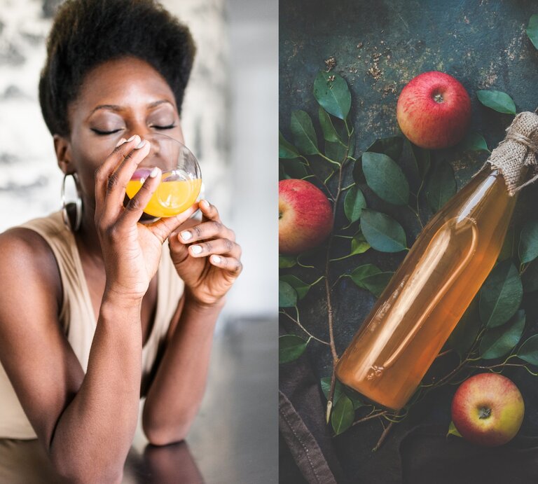  Collage, die zwei verschiedene Szenen zeigt:  Links ist eine Frau zu sehen, die einen orangenen Saft trinkt. Sie hat kurzes, lockiges Haar und trägt Ohrringe. Ihre Augen sind geschlossen, während sie den Saft genießt. Rechts ist eine Flasche mit Apfelessig abgebildet, die auf einem dunklen Hintergrund liegt. Um die Flasche herum sind grüne Blätter und rote Äpfel verteilt. | © Getty Images /  VICUSCHKA / franckreporter [M]
