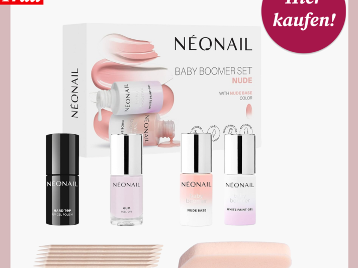 Neonail Baby Boomer Set mit Nude Base, weißem Gel, Top Coat, Feilen und Buffer, rosa Hintergrund. | © Amazon 