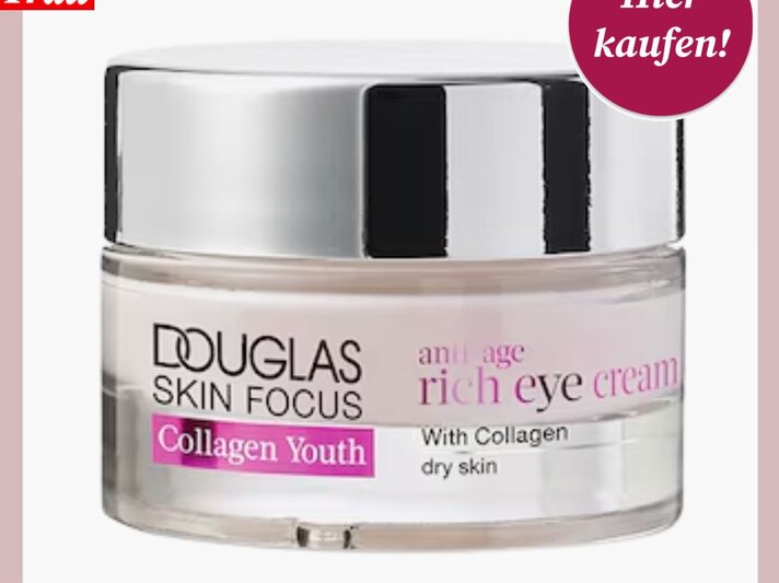 Douglas Skin Focus Anti-Age Augencreme im Glas-Tiegel mit glänzendem Deckel und roter Kaufempfehlung | © Douglas