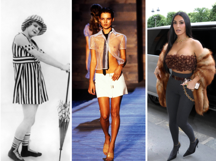  Drei Frauen in Bade-, Laufsteg- und Streetwear-Outfits aus verschiedenen Epochen posieren nebeneinander im direkten Stilvergleich. | © IMAGO / KCS Presse, Avalon.red, UIG [Collage]