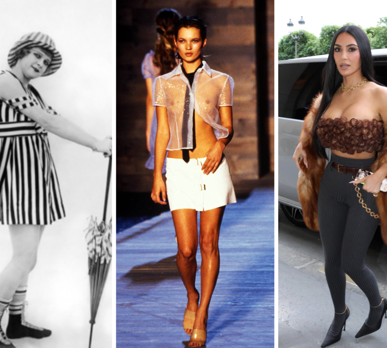  Drei Frauen in Bade-, Laufsteg- und Streetwear-Outfits aus verschiedenen Epochen posieren nebeneinander im direkten Stilvergleich. | © IMAGO / KCS Presse, Avalon.red, UIG [Collage]