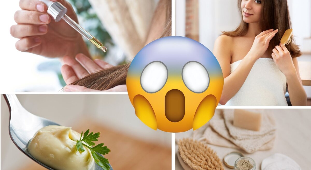 Pflegeroutine für glänzendes Haar: Öl, Hausmittel, Bürste und Frau im Handtuch, ergänzt durch ein erstauntes Emoji.