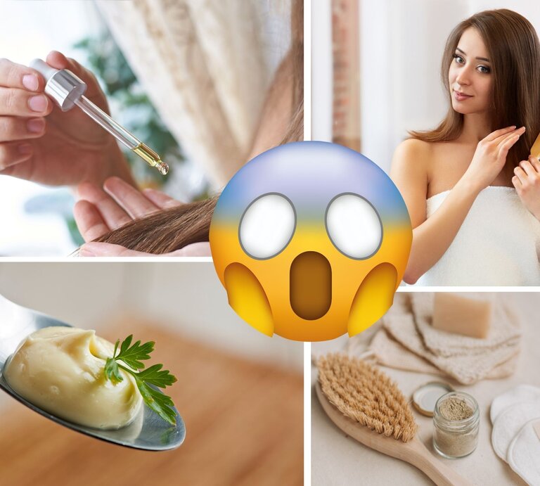 Pflegeroutine für glänzendes Haar: Öl, Hausmittel, Bürste und Frau im Handtuch, ergänzt durch ein erstauntes Emoji. | © Collage: bildderfrau.de, Canva