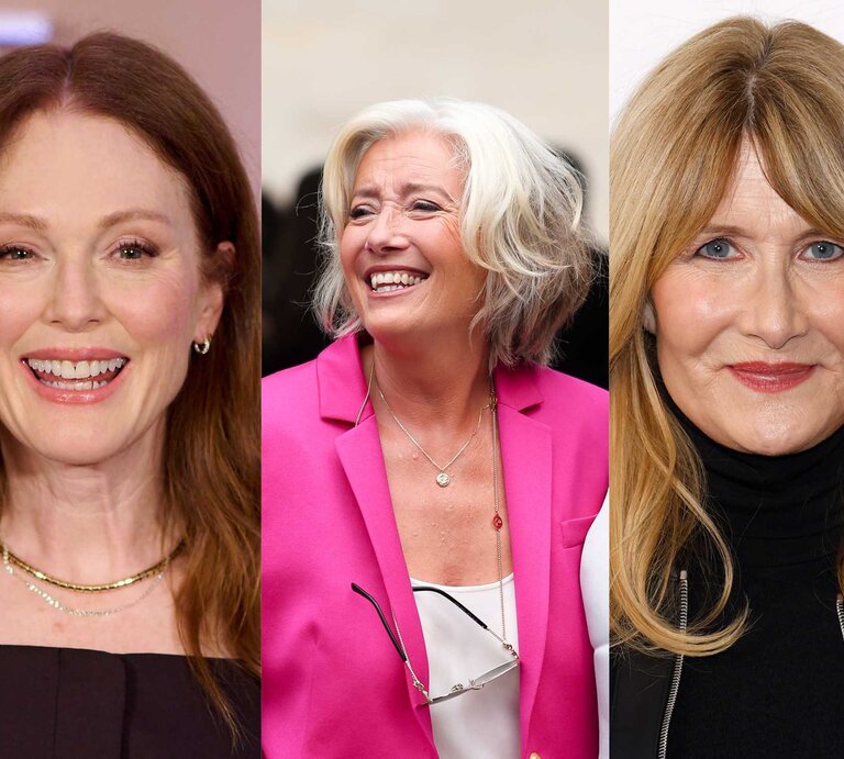 Die Schauspielerinnen Emma Thompson, Laura Dern und Julianne Moore mit ihren Frisuren ab 60. | © GettyImages/Jacopo Raule/Carlos Alvarez/	Taylor Hill