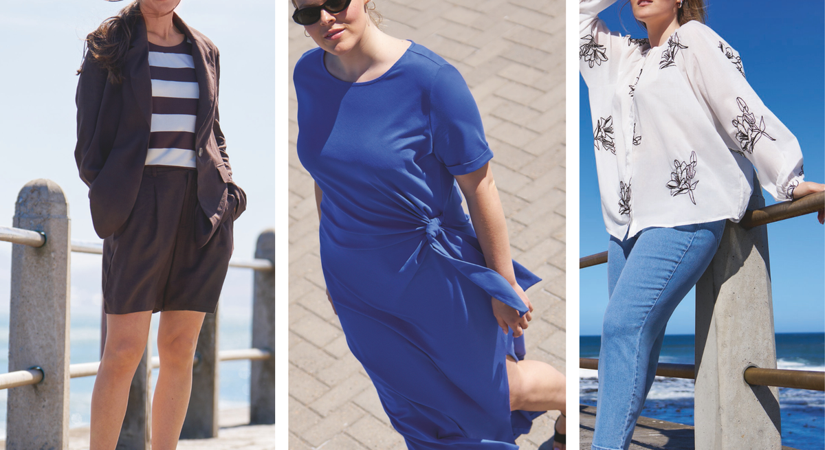 Drei Frauen in unterschiedlichen Outfits: Blazer mit Shorts am Meer, fließendes Kleid auf Pflaster, Bluse und Jeans an einer Promenade.