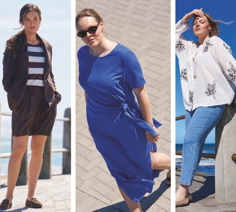 Drei Frauen in unterschiedlichen Outfits: Blazer mit Shorts am Meer, fließendes Kleid auf Pflaster, Bluse und Jeans an einer Promenade. | © Ernsting's family [M]