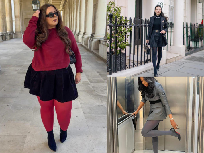 Drei modebewusste Frauen in kurzen Röcken und Strumpfhosen posieren stilvoll in Stadt- und Innenraumkulissen. | © Canva/Snag Tights/Collage:bildderfrau.de