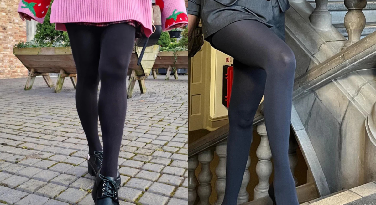 Zwei Frauen in schwarzen Strumpfhosen, links verspielt mit Erdbeerpulli und Boots, rechts elegant im Blazer mit Gürtel und High Heels.