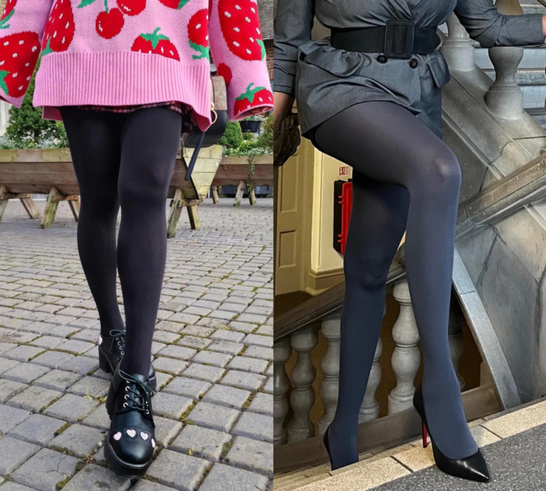 Zwei Frauen in schwarzen Strumpfhosen, links verspielt mit Erdbeerpulli und Boots, rechts elegant im Blazer mit Gürtel und High Heels. | © Snag Tights/Canva/Collage:bildderfrau.de