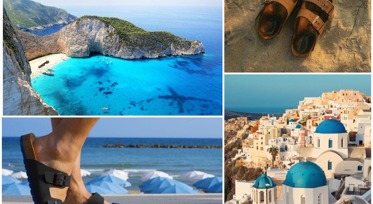 Collage mit türkisblauer Meeresbucht, Sandalen im warmen Sand, einem Fuß in schwarzen Riemensandalen am Strand und griechischen Kuppeldächern.