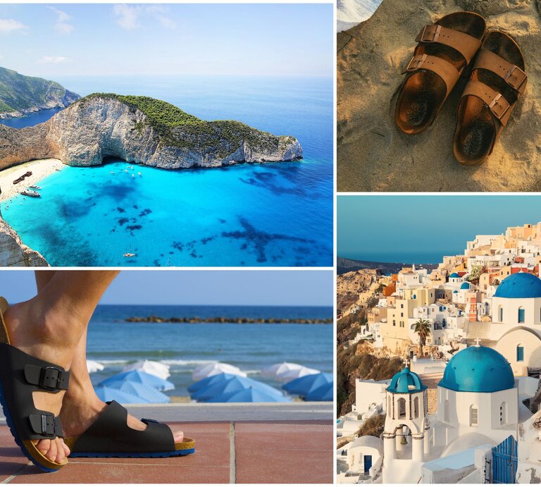 Collage mit türkisblauer Meeresbucht, Sandalen im warmen Sand, einem Fuß in schwarzen Riemensandalen am Strand und griechischen Kuppeldächern. | © Collage: bildderfrau.de; Canva