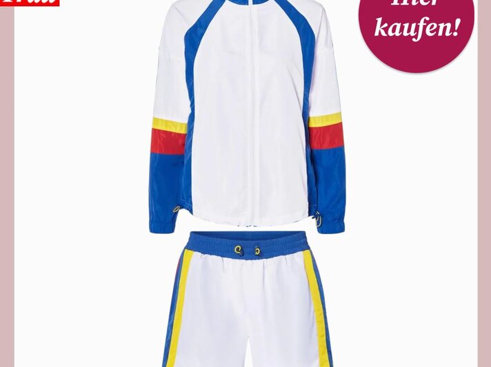 Sportliches Set aus weißer Jacke mit Reißverschluss und Shorts, akzentuiert mit Blau, Rot und Gelb an Ärmeln und Seiten. | © Collage: bildderfrau.de/ Lidl