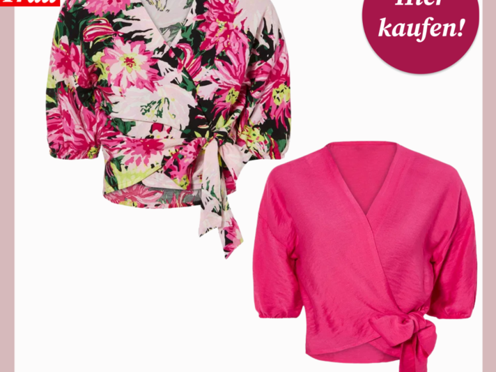 Zwei Wickelblusen von Lidl mit kurzem Arm, eine pink unifarben, eine mit pink-grünem Blumenmuster, nebeneinander vor weißem Hintergrund. | © Lidl 