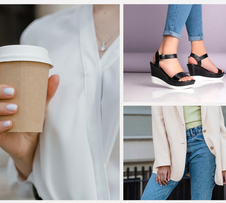 Junge Frau in weißer Wickelbluse hält Pappbecher Kaffee, trägt dezenten Nagellack und silberne Kette mit Anhänger. | © Canva/Collage:bildderfrau.de