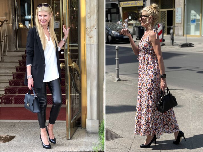 Collage: Zwei modische Outfits zeigen stilvolle Kontraste: Business-Look mit Tasche links, luftiges Retro-Maxikleid im Straßenbild rechts. | © Renate Zott